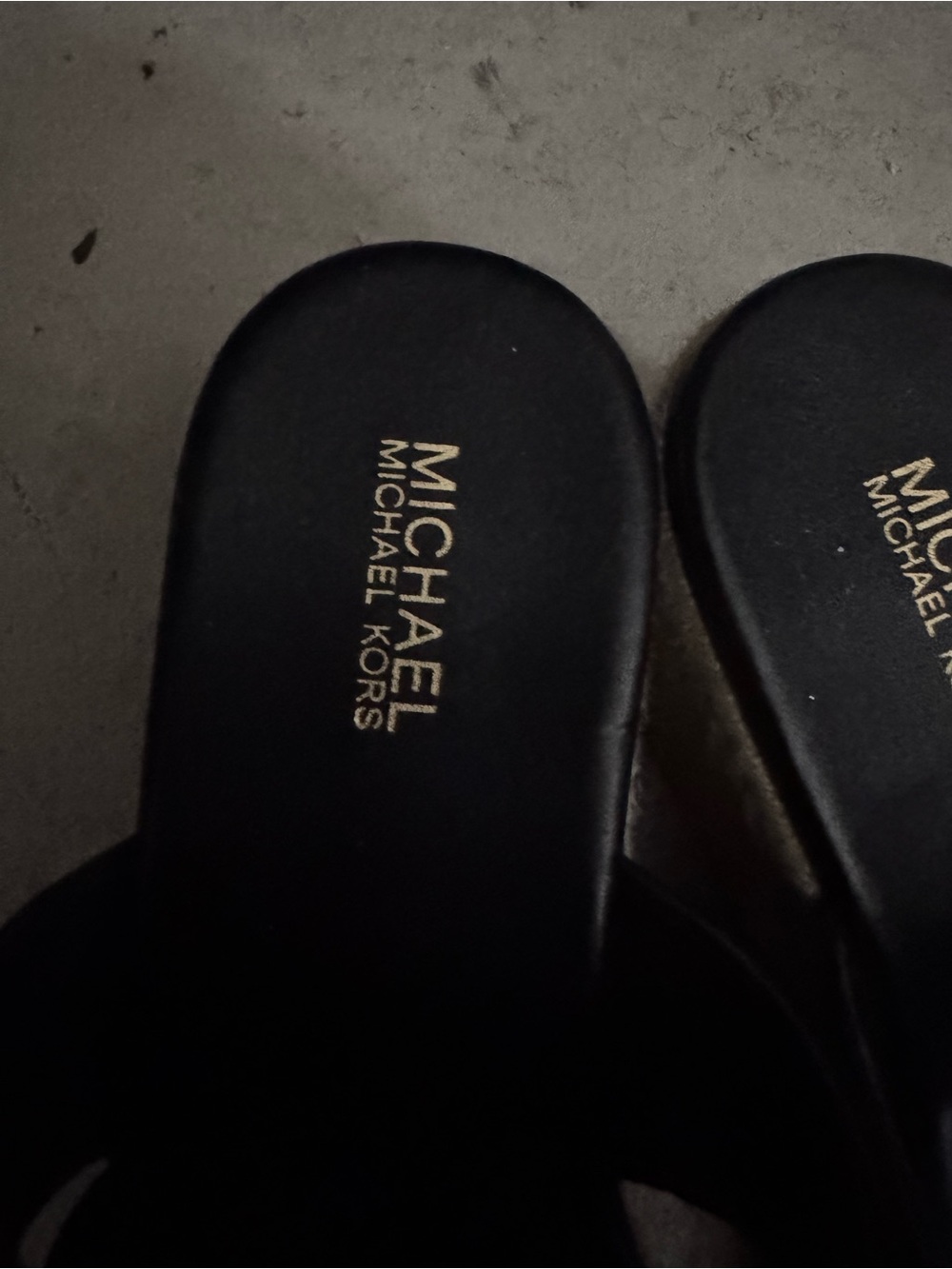 Michael Kors Black Leather Slide Sandals with Gold MK Accent Wedges - Picture 4 of 5